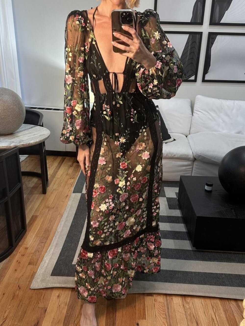 FOR LOVE & LEMONS Luna Black Embroidered Floral Maxi Dress Size XS NWT